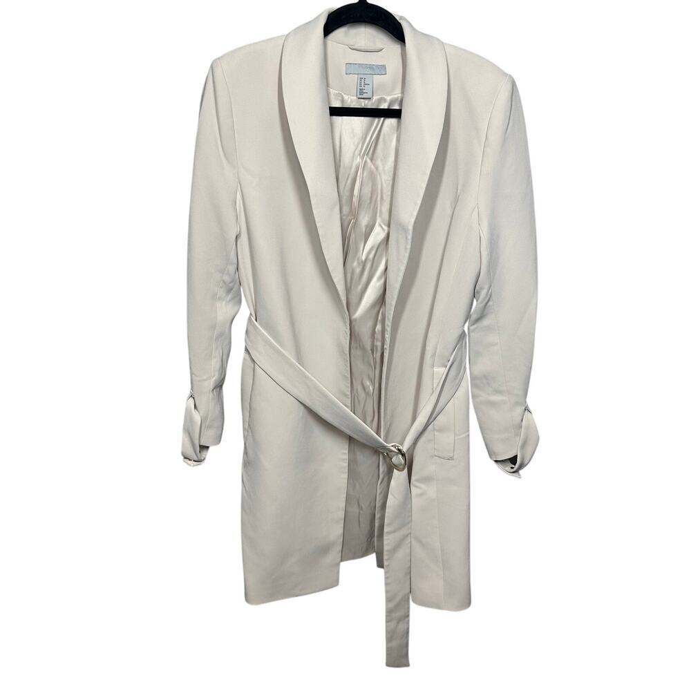 H&M Tie Belt Blazer Long Lined Jacket in Cream